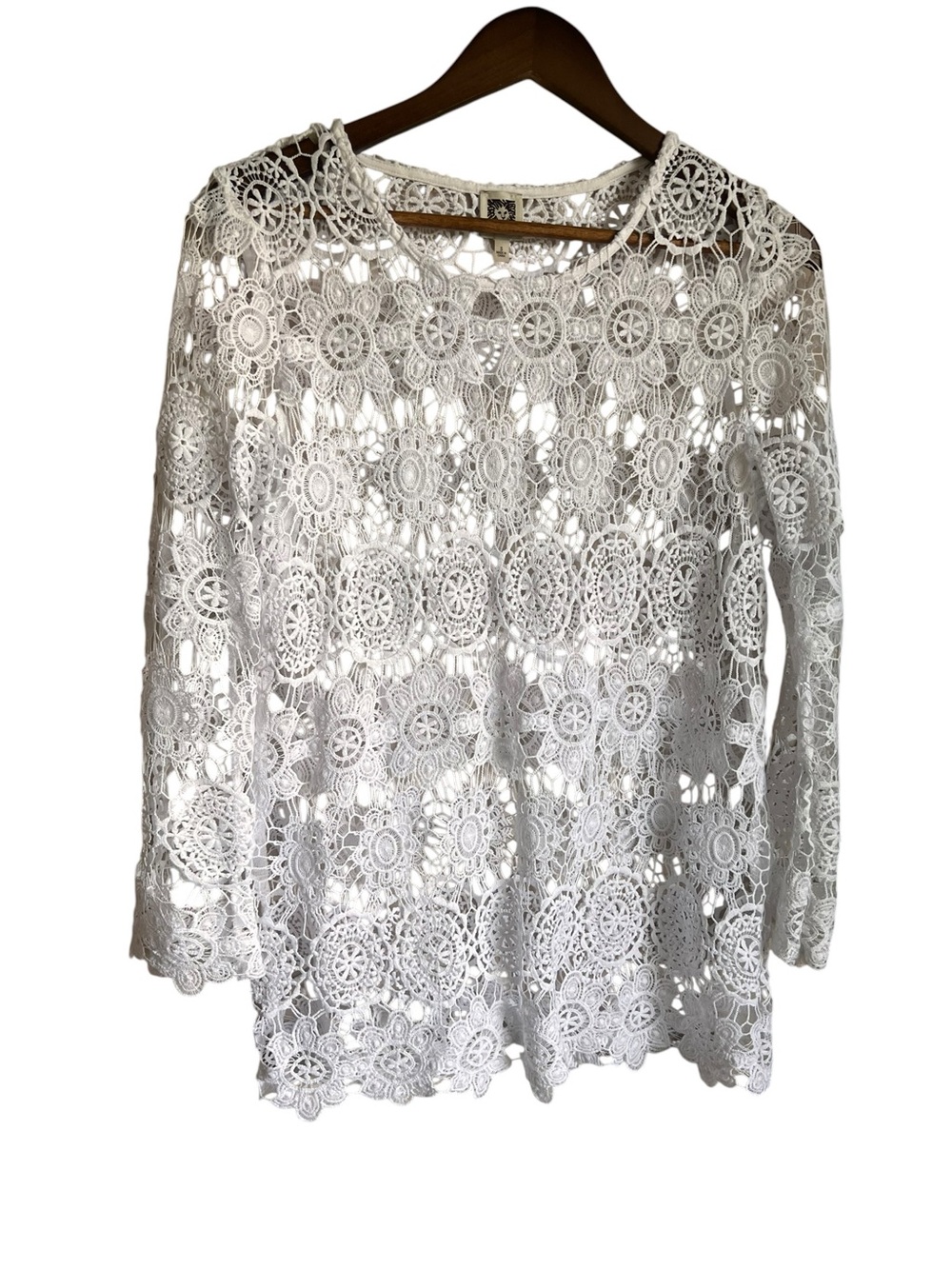 Anne Klein White Floral Crochet Lace Top Size S Boho Sheer Overlay Top Cottage - Picture 2 of 9